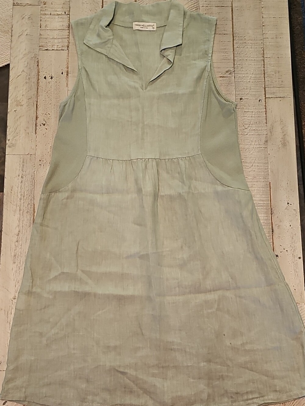 Terzo Millennio 100% Linen Shift Dress In Sage Made In Italy 🇮🇹 - Picture 1 of 7